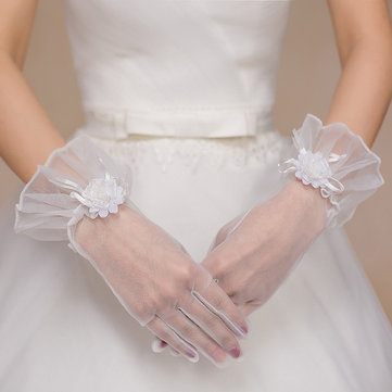 Beautiful Bride Full Fingers Lace Gloves Decorative Flowers Wedding Dress Accessories