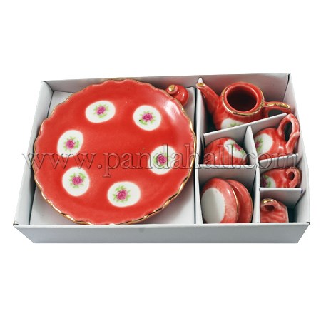 Home Decoration, Porcelain Tea Set, OrangeRed, saucer1: 66.5mm; saucer2: 23mm; teapot1: 30x38mm; teapot2: 17x27mm; teapot3: 21mm; teacup: 11x20mm