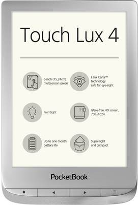 PocketBook Touch Lux 4 - eBook-Reader - 8 GB - 15.24 cm (6) 16 Graustufen (4-Bit) E Ink Carta (758 x 1024) - Touchscreen - microSD-Steckplatz - Wi-Fi - Silber