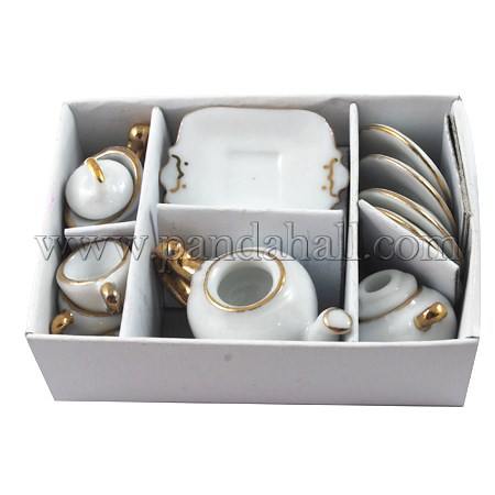 Porcelain Tea Set, White, saucer1: 33mm long, 25mm wide, saucer2: 23mm in diameter, teapot1: 19mm long, 21mm wide, teapot2: 13.5mm long, 27mm wide, 18mm thick, teacup: 9.5mm long, 17mm wide