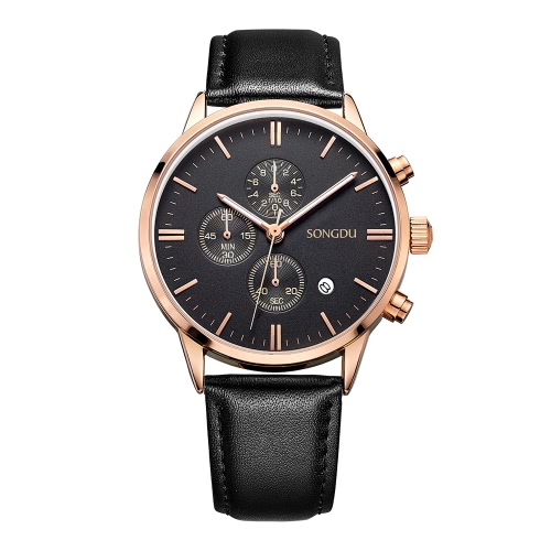 SONGDU Fashion Luxury Luminous Genuine Leather Men Casual Watch Quartz Chrono 30M Water-Proof Business Wristwatch + Box