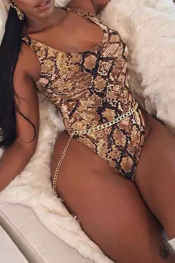 Cheap One Pieces Lovely Snakeskin Pattern Printed Brown One-piece Swim