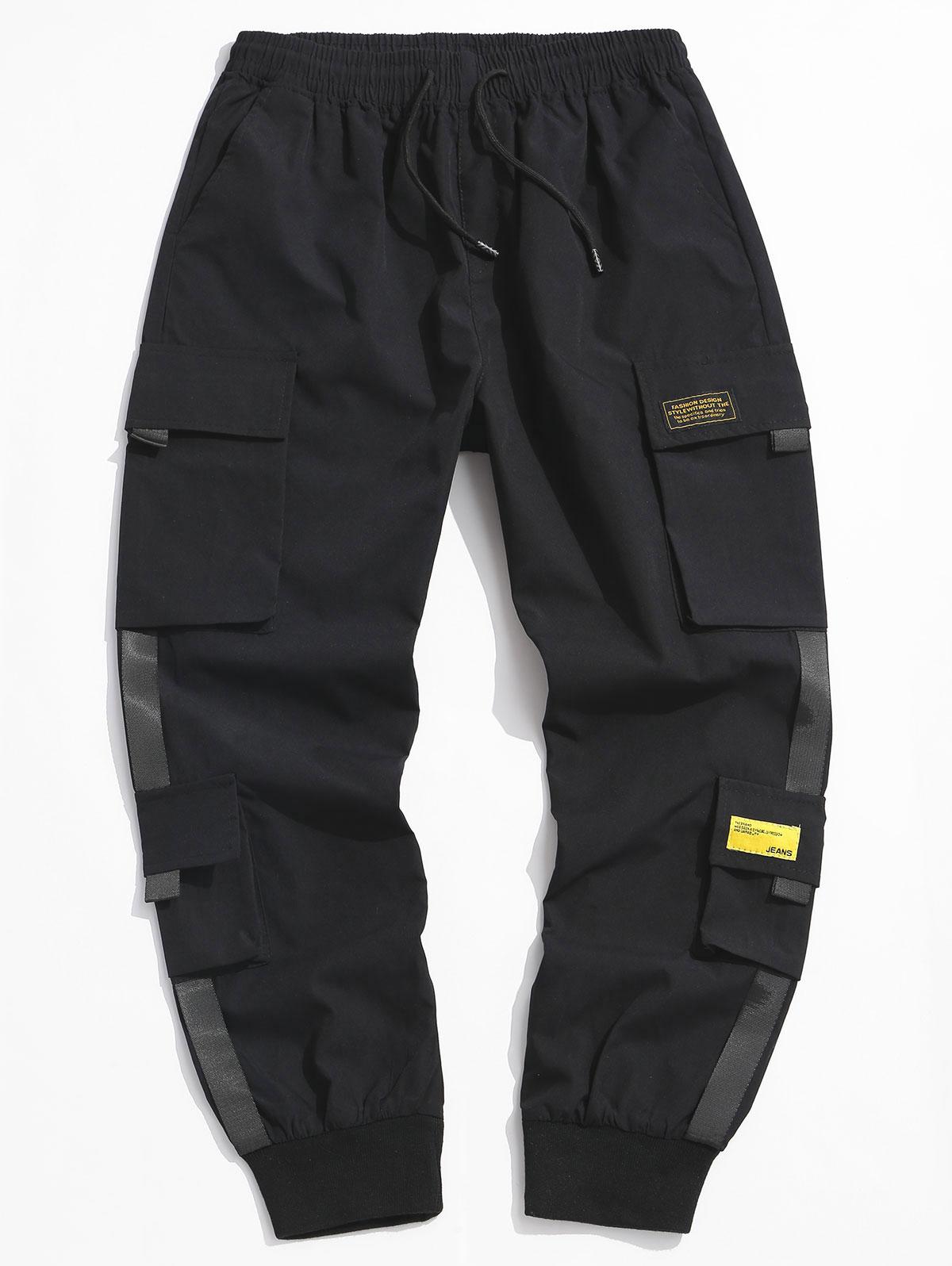 Letter Appliques Cargo Techwear Pants L Black
