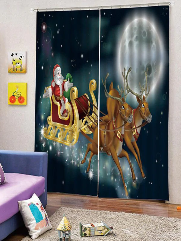 2PCS Father Christmas Deer Moon Window Curtains