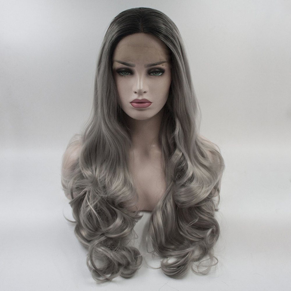 16 - 24 inch Grey Black Root Long Wavy Heat Resistant Synthetic Hair Lace Front Wigs for Womens