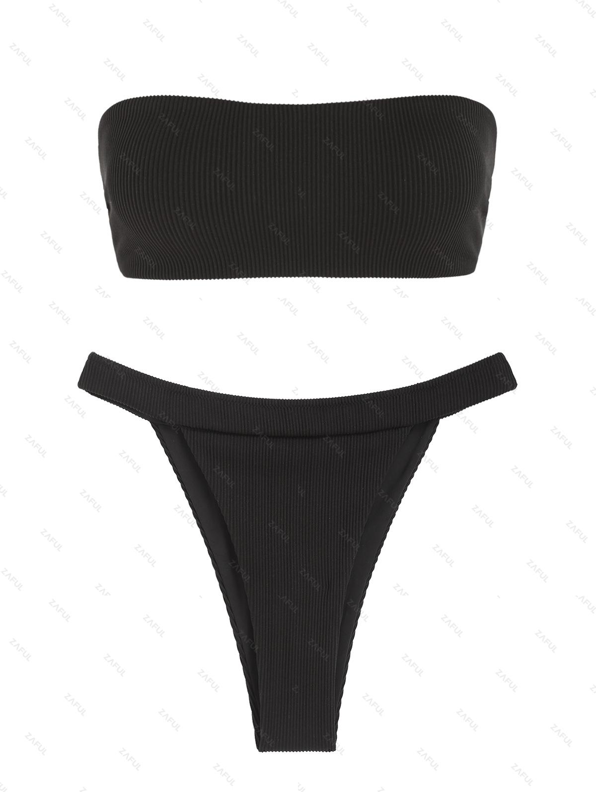 ZAFUL Textured Lace Up High Leg Bandeau Tanga Bikini Swimwear M Black