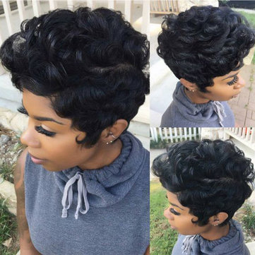 Black Short Style Full Fringe Synthetic Curly Hair Wig