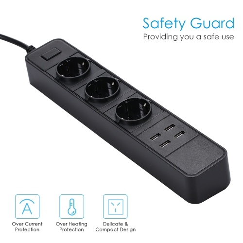 Power Strip 3AC Interface 4 USB Charging Port AC 100-250V 4000W with Overcurrent/Over-heating Protection LED Indicator Lamp 1.8M Cord Wire