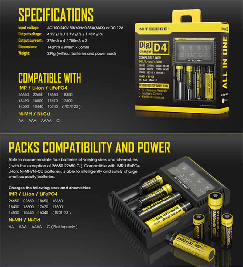 Nitecore D4 Universal Charger 18650 Rechargeable Batteries LCD Display Charger For Box Mod Li-ion Ni-MH 26650 22650 E Cigarettes Battery