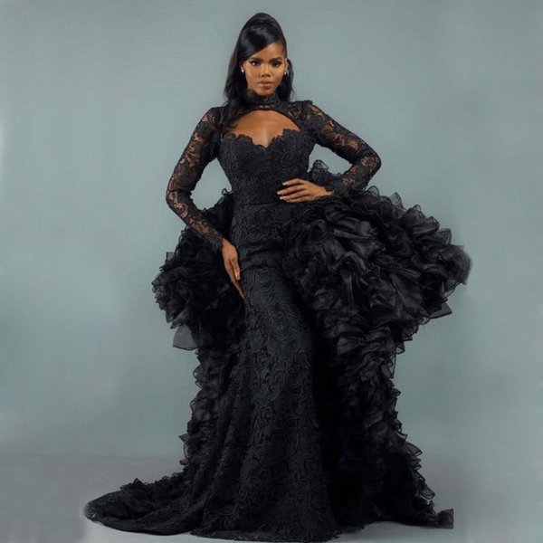 Black Mermaid Lace Evening Dresses With Ruffled Detachable Train Long Sleeves Prom Gowns African High Neck Formal Dress