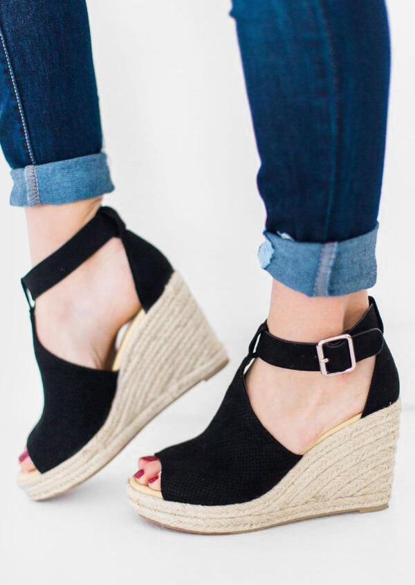 Solid Buckle Strap Peep Toe Wedge Sandals