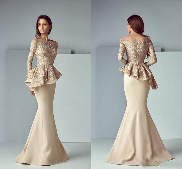 Mother Of The Bride Dresses Jewel Neck Mermaid Illusion Long Sleeves Lace Appliques Peplum Wedding Guest Gowns Plus Size Mothers Gowns