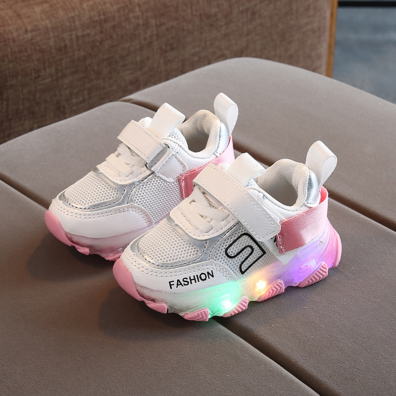 Toddler Girl Fashionable Velcro Mesh LED Athletic Shoes