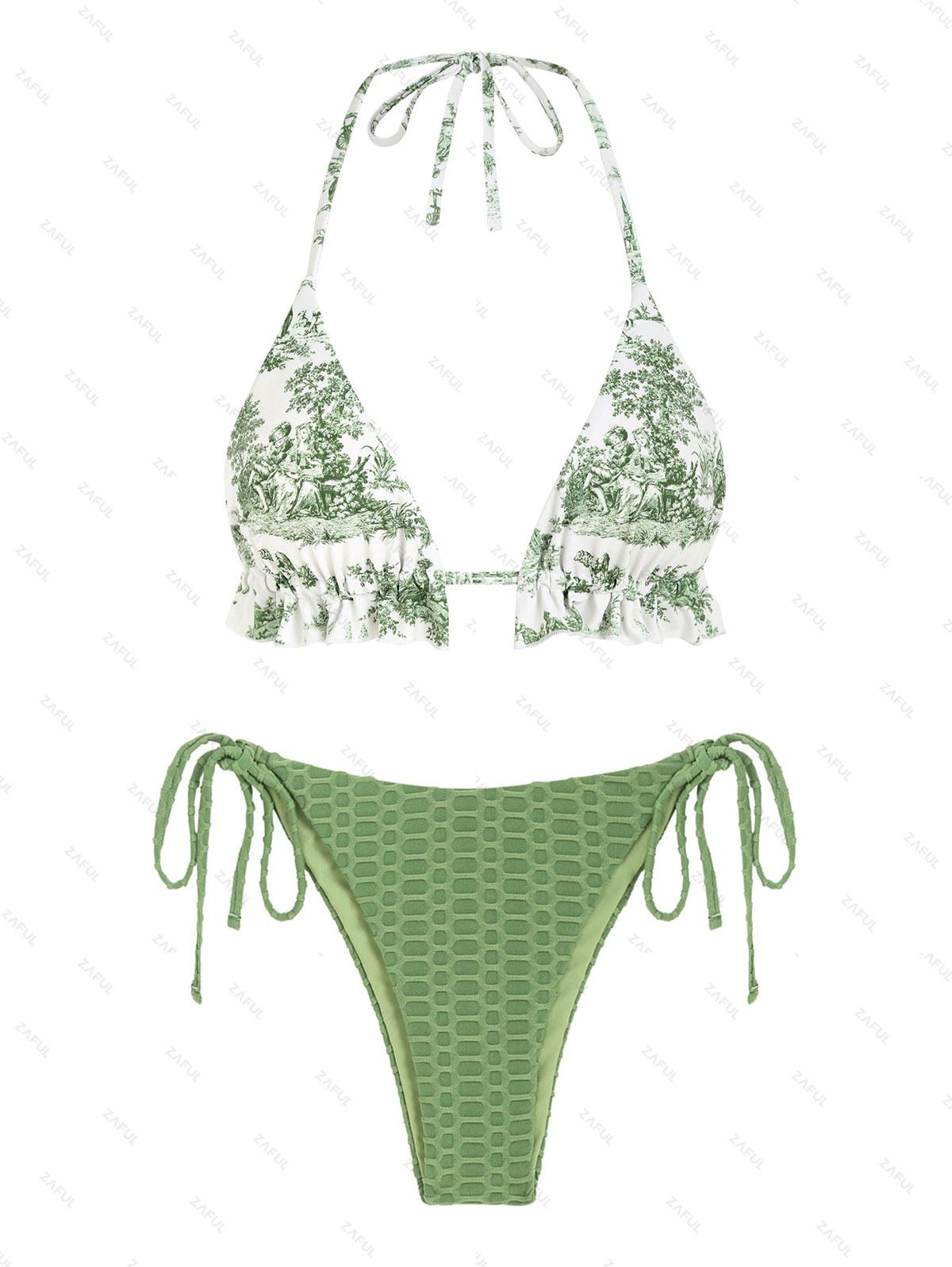 Toile De Jouy Retro Print Honeycomb String Bikini Set Green
