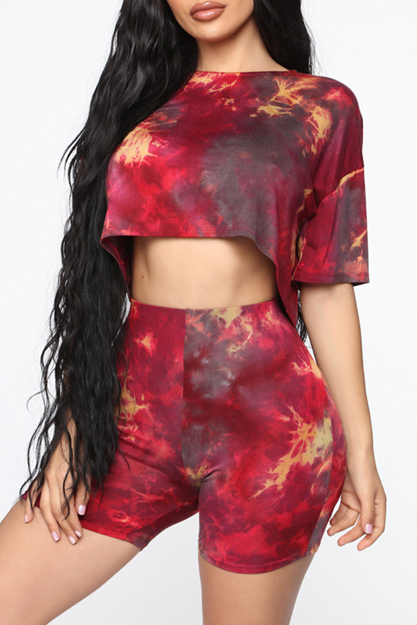 Cheap Two Pieces Lovely Casual O Neck Printed Red Two-piece Shorts Set