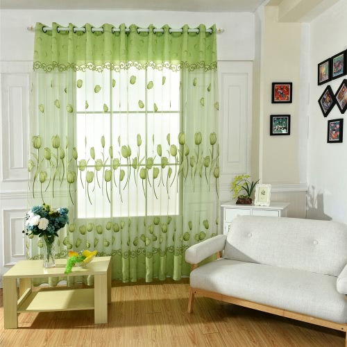 Anself Tulip Flowers Jacquard Burnt-out Half Shading Voile Curtain for Door Window Room Decoration Window Screening Drape Scarf Curtains Bedroom Decor 2PCS