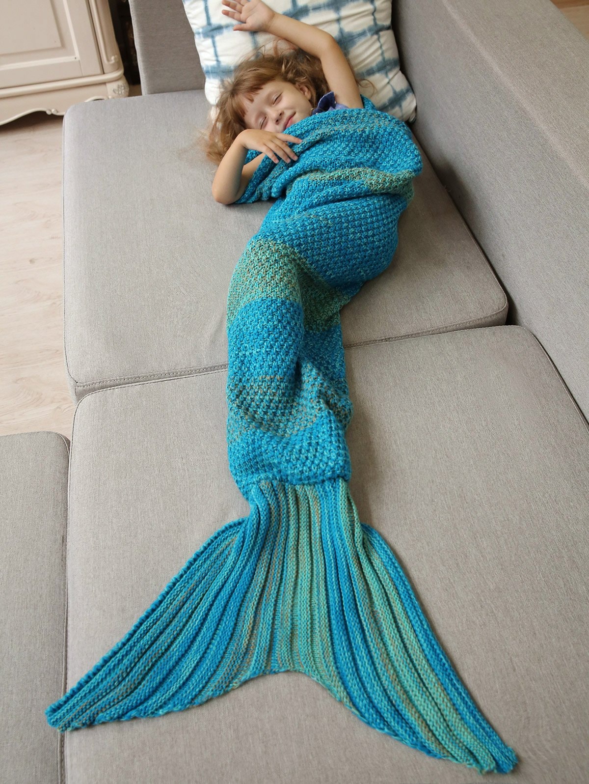 Winter Thicken Lengthen Color Block Sleeping Bag Wrap Kids Mermaid Blanket