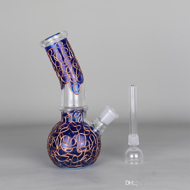 Mini Glass bong 6.7 inches Gold & bule ''Chinese dragon pattern'' beaker Glass Water Pipe Oil Rig Dabs 144g