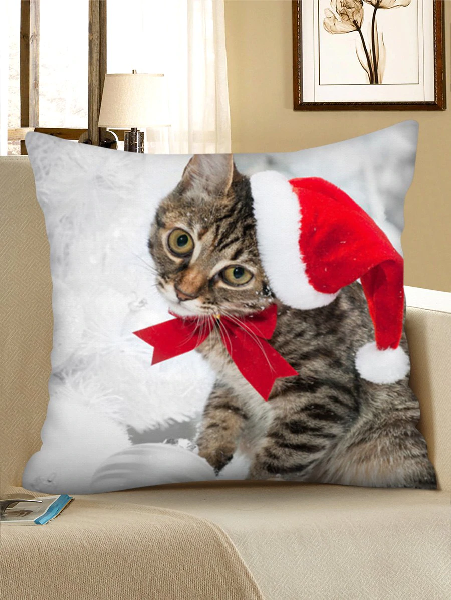 Christmas Cat Print Decorative Square Pillowcase