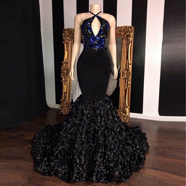 Long Kehole Neck Mermaid Prom Reflective Dresses 2022 V-neck Top Sequin Applique Flowers African Girl Black Satin Backless Evening Gowns
