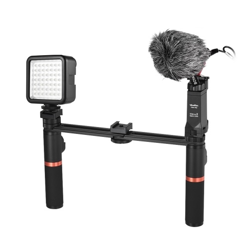 Smartphone Video Rig Dual-Handheld-Metall-Griff mit BT-Fernbedienung + Mini-Mikrofon + Dimmbare LED-Licht für iPhone 6s plus für Samsung Galaxy S8 + S8 Hinweis 3 Huawei
