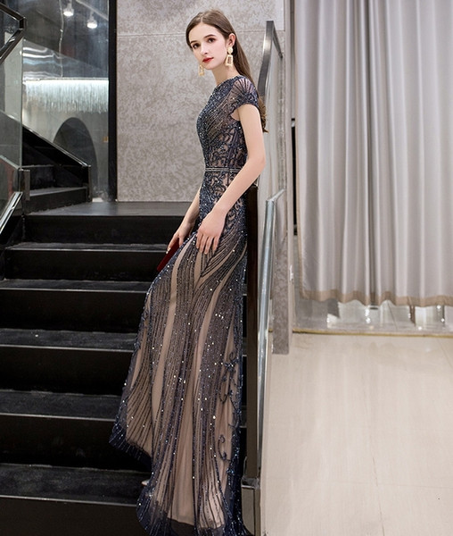 New Luxury 2021 Rhinestones Dark Gray Mermaid Long Evening Pageant Es Prom Formal Gown Robe De Soiree 0AYU