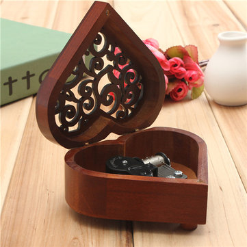 Retro Heart-shaped Carving Wooden Wind-up Music Box Birthday Gift Present Home Decor