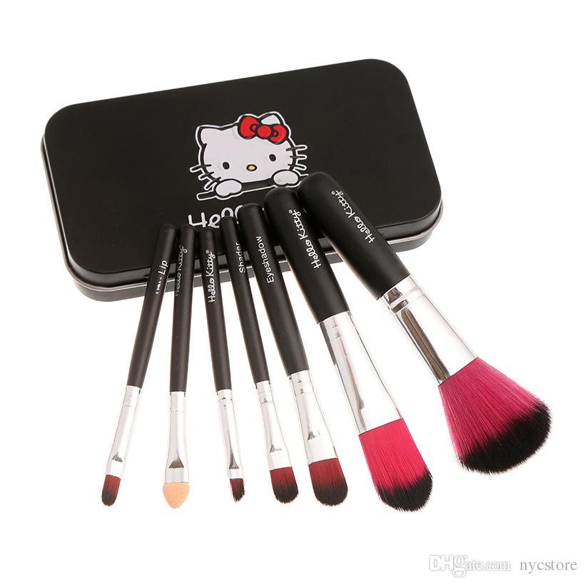 professional Hello Kitty Makeup brush Set cosmetic Tools make up brush Kit with case Pink Black Color 7PCS/set