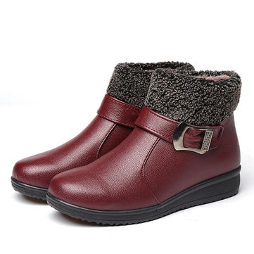 Buckle Folded Fur Lining Zipper Flat Ankle Cotton Boots