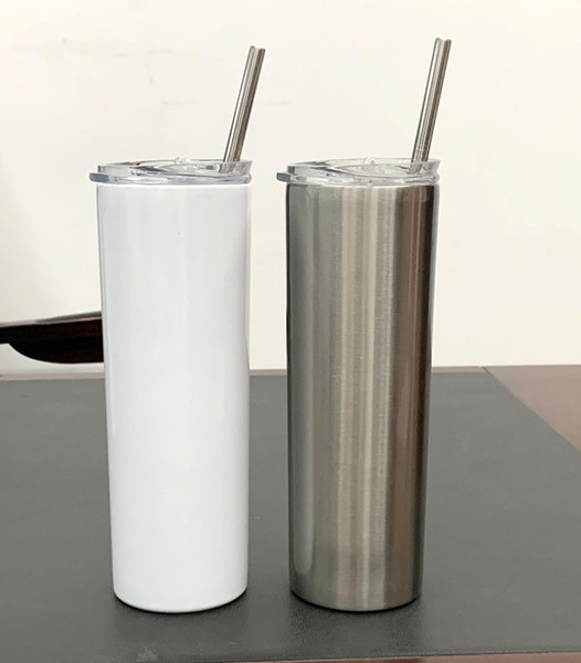 Free Ship Heat Sublimation 20oz Straight Skinny Tumbler with Lid Straw Double Wall Insulated Vacuum Cups Stainless Steel Straight SlimBottle