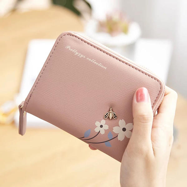 Women Simple Faux Flower Zipper Coin Bag Card Holder Wallet