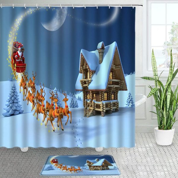Shower Curtains Funny Santa Claus Reindeer Christmas Bathroom Decor Bath Mats Set White Wooden House Snow Forest Xmas Door Rugs