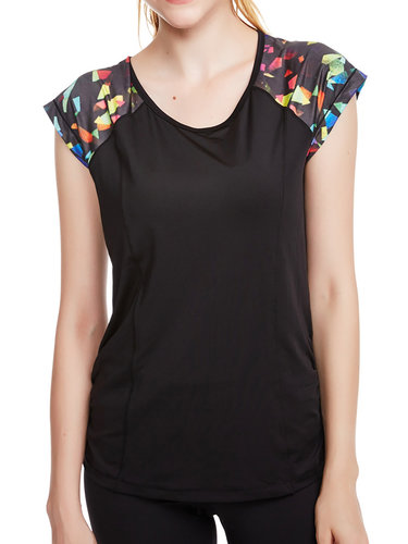 Black Paneled Cutout Stretchy Wicking Short Sleeve T-shirt