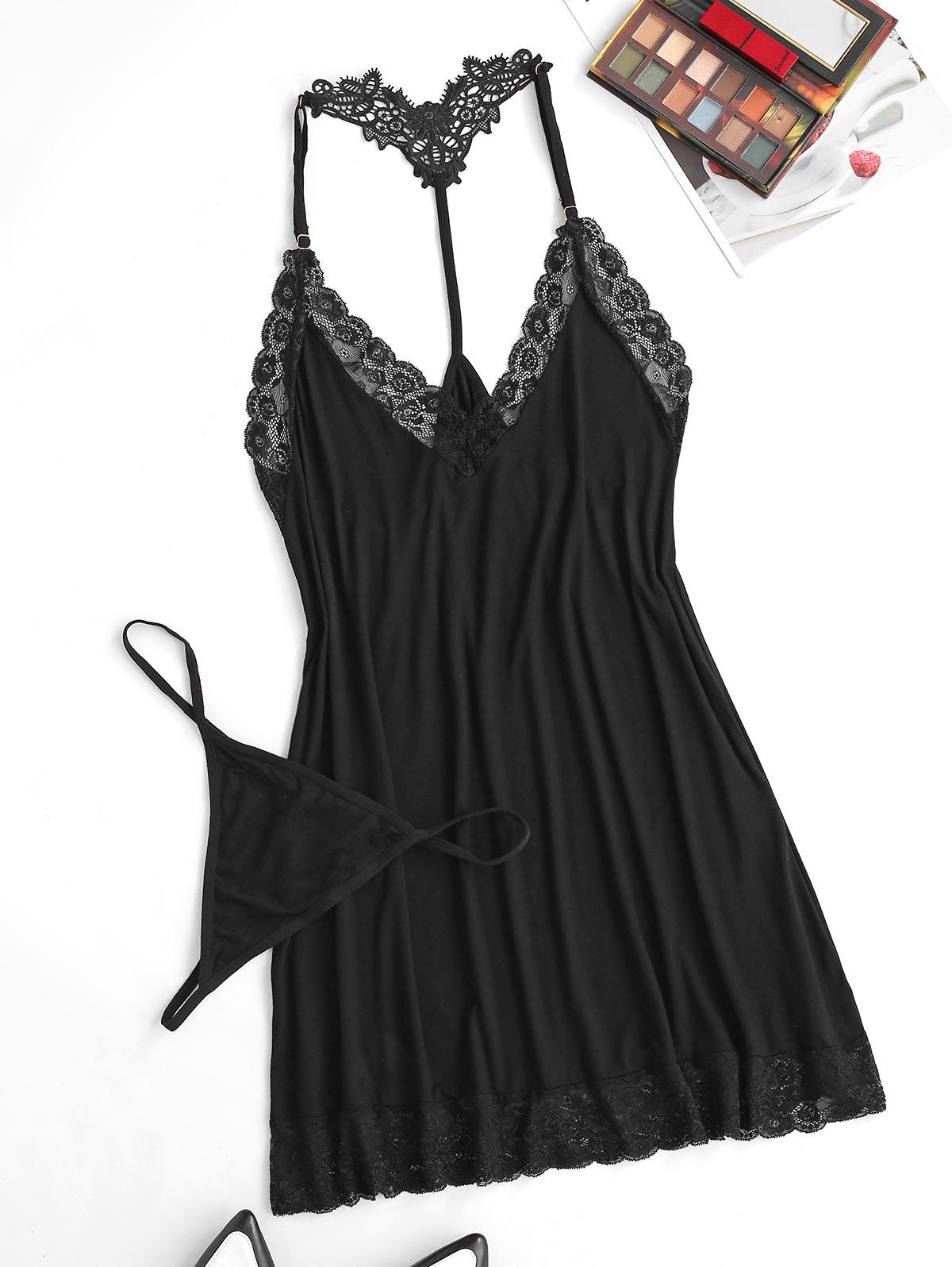 Lingerie Lace Insert Backless Sleep Dress Xxl Black