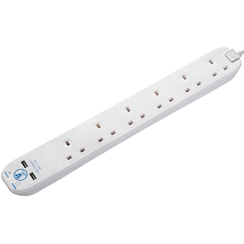 Masterplug Surge Protected 2M 13A 6 Sockets Extension Lead + 2 USB - White