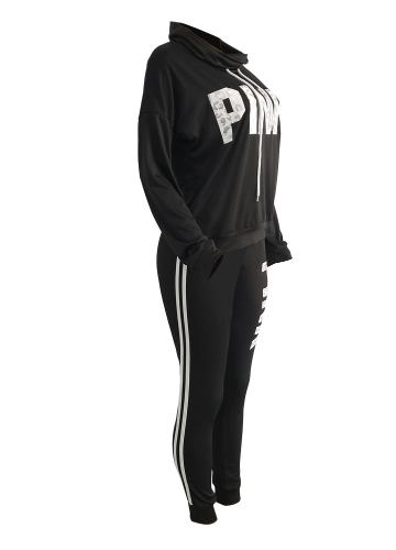 Women Sport Set Sweatershirt Pants Letter Print Turtleneck Splicing Side