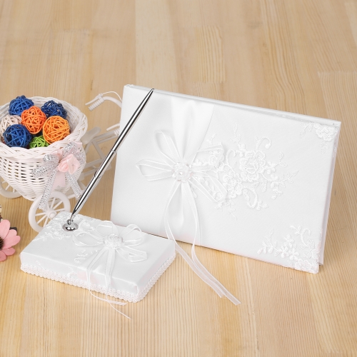 White Satin Ribbon Wedding Guest Signature Book and Pen Stand Set with Flower Embroidery Pattern