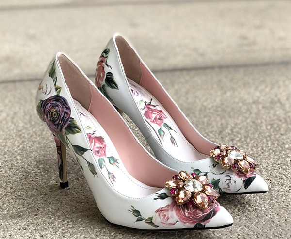 Free shipping 2019 diamond Stiletto high heels Pillage Pointed toes paisley Printed Rose flowers Dress SHOES party wedding white 35-41 03