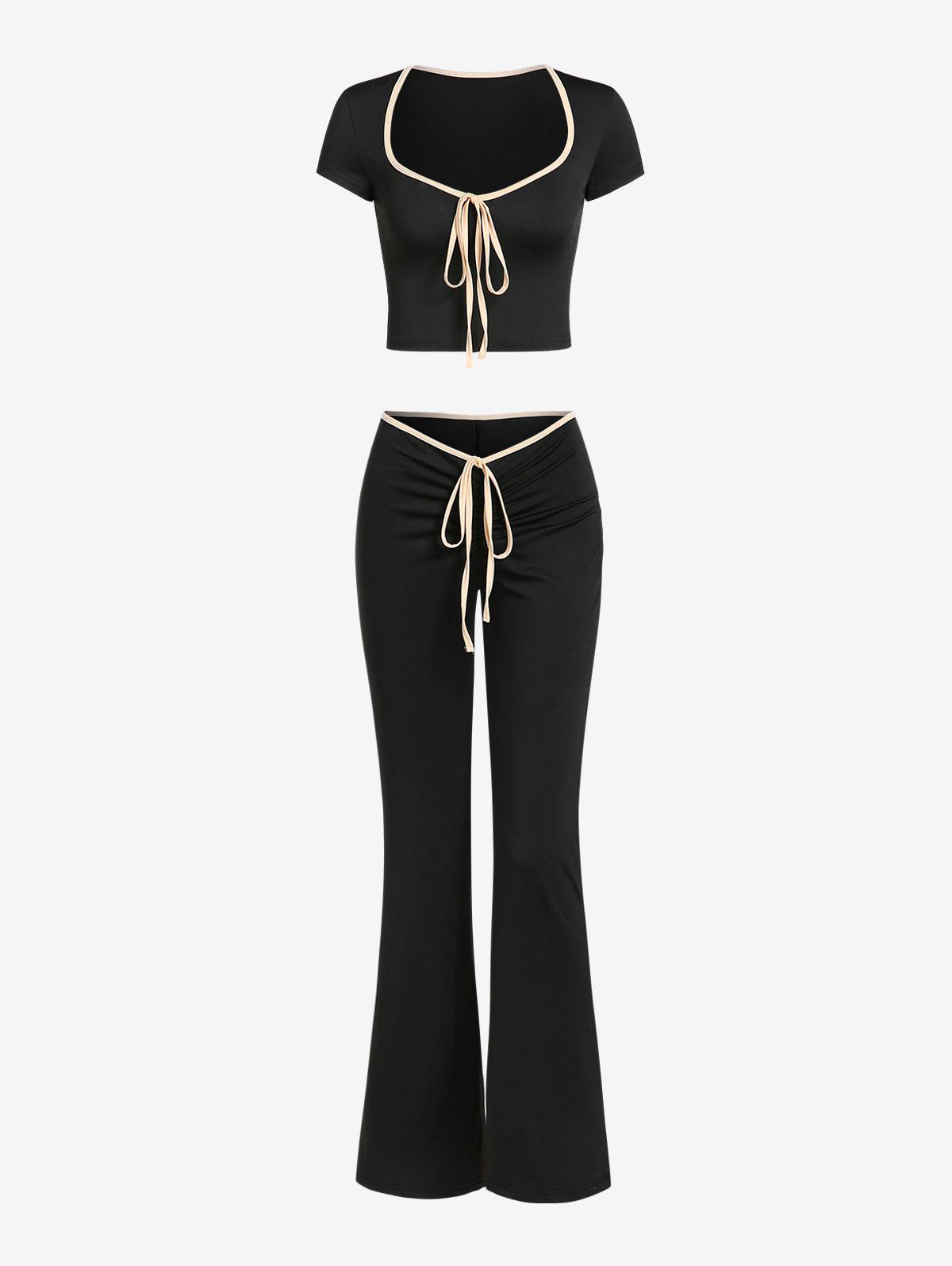 Women's Going Out Tie Front Cinched Contrast Piping Short Sleeves Slim Fit Crop T Shirt Low Waist Bell Bottoms Pants Two Piece Set S Black