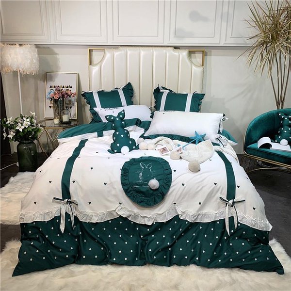 Bedding Sets White Green Embroidery 60S Egyptian Cotton Girl Set Queen King Duvet Cover Bed Pillowcases Sheet Linen