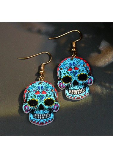 Halloween Skull Design Light Blue Printed Earrings