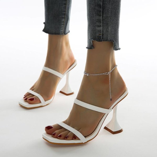 Slippers Fashion Women Outside Square Toe PU Leather High Heels Ladies Sandals Summer Narrow Band Pumps Woman Slides 2021 Female