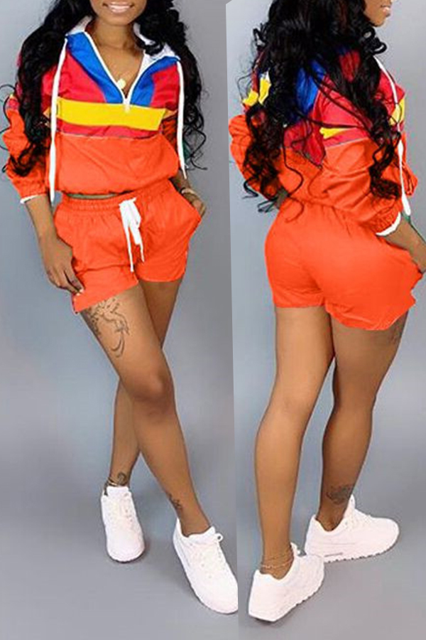 Cheap Two Pieces Lovely Casual Patchwork Orange Two-piece Shorts Set