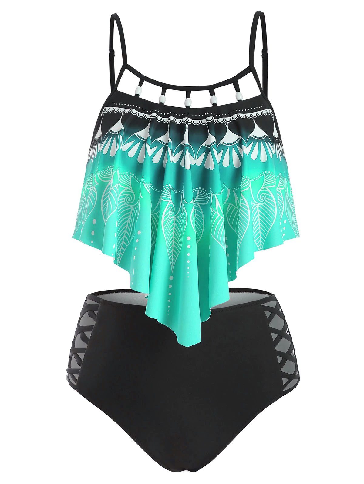 Leaf Print Beading Embellished Criss Criss Tankini Swimsuit