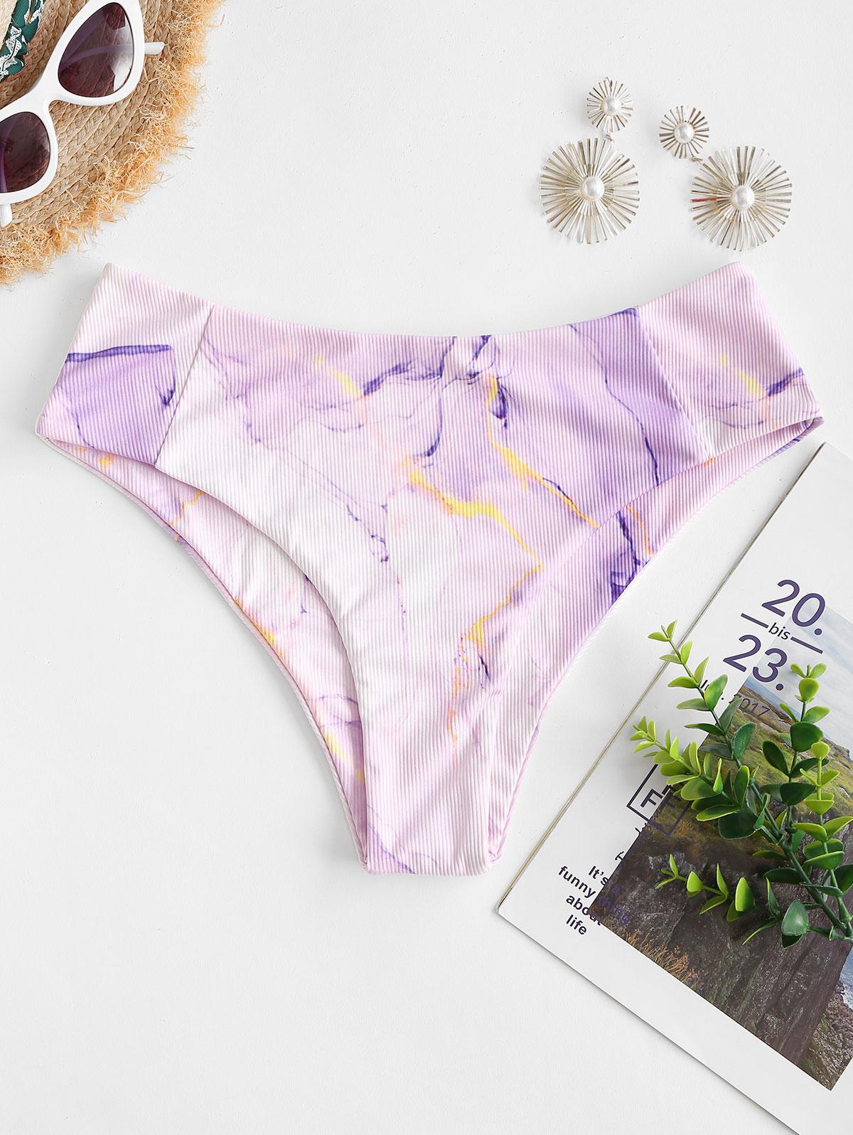 ZAFUL Marble Print Ribbed Bikini Bottom S Light purple
