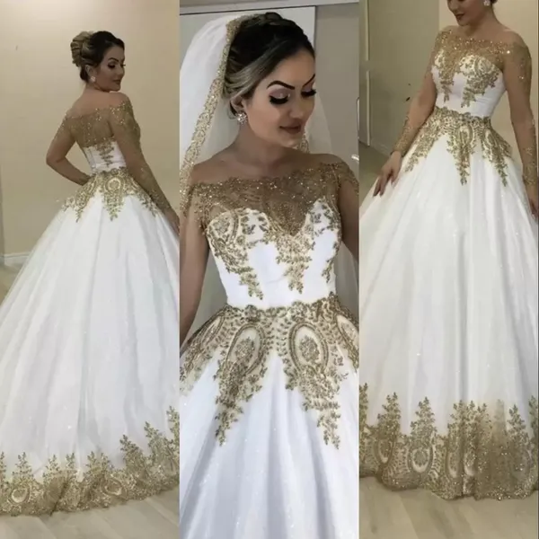 2022 Luxury Bling Dubai White Gold Wedding Dresses Bridal Formal Gowns Sheer Long Sleeves Off Shoulder Bateau Neck Appliqued Sparkly Glitter Sequins Lace