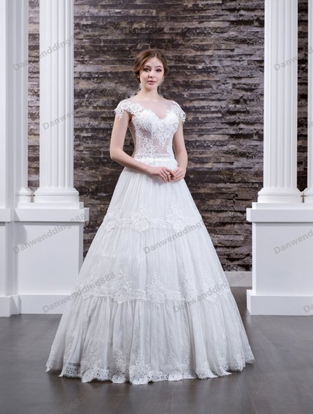 Sexy White Lace/Tulle Scoop Applique A-Line Wedding Dresses Bridal Pageant Dresses Wedding Attire Dresses Custom Size 2-16 ZW608072