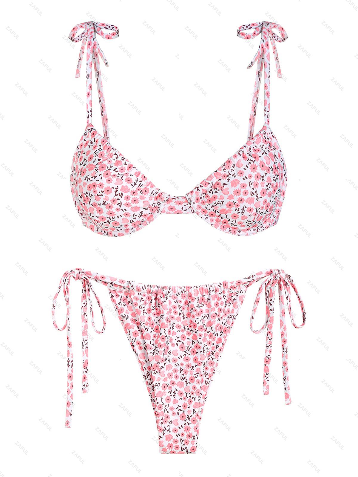 ZAFUL Tie Shoulder Ditsy Floral Underwire Loincloth Tanga Bikini Swimwear M Light pink