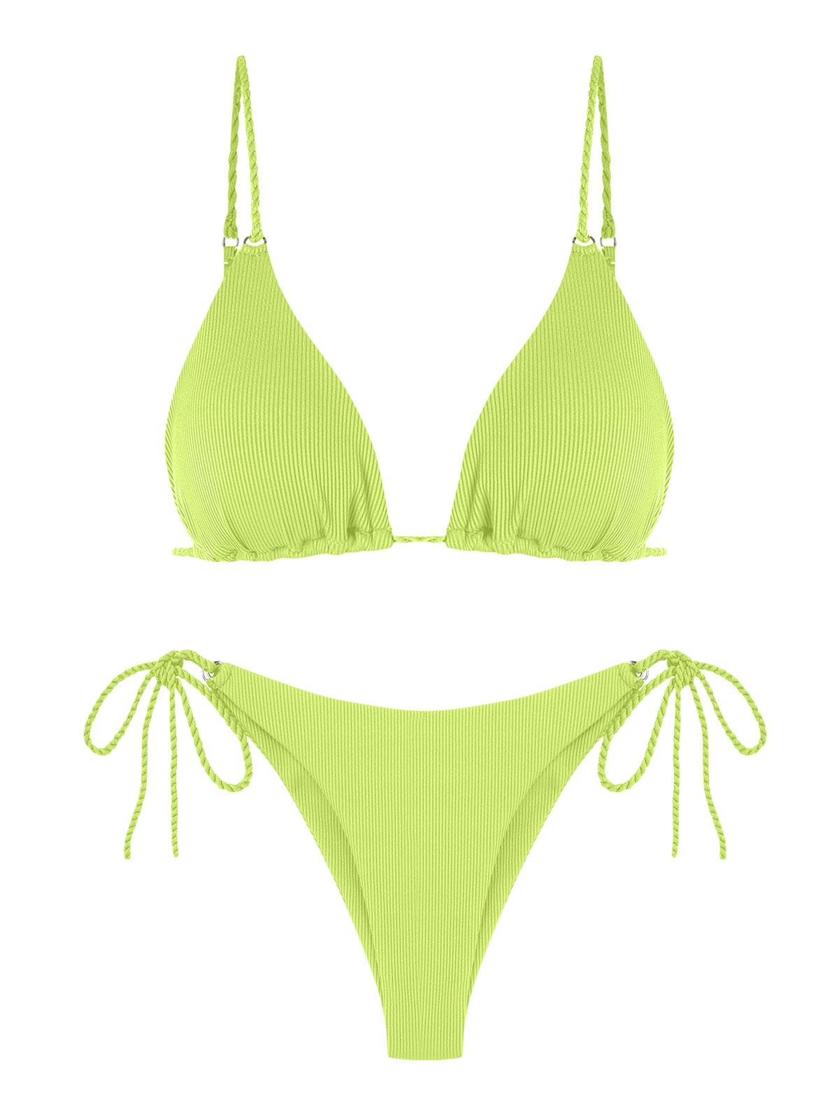 ZAFUL Ribbed Braided Strap String Bikini Swimwear S Green