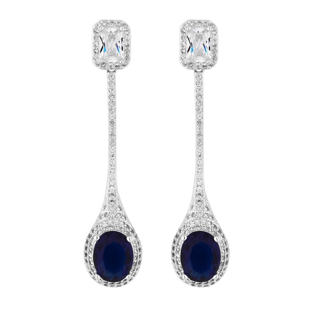 Silver Plated Oval Blue Crystal Drop Earrings